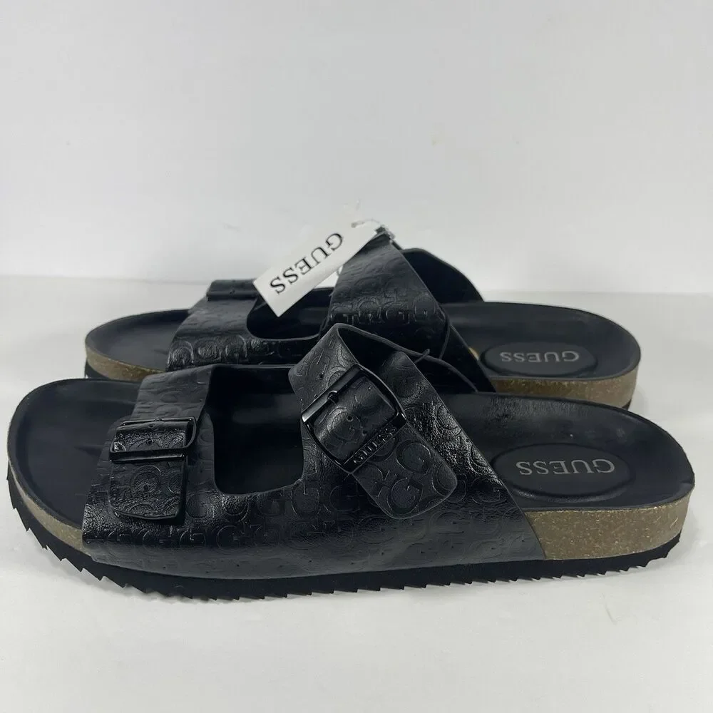 GUESS Men’s Double Strap Slide Sandals Black Logo Embossed Size 12M